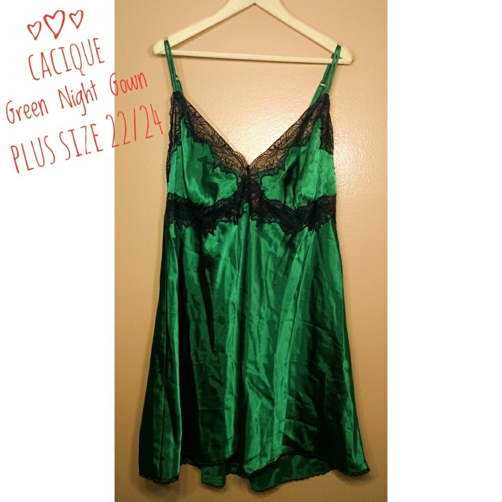 Cacique Green Night Gown Black Lace Plus Sz 22/24